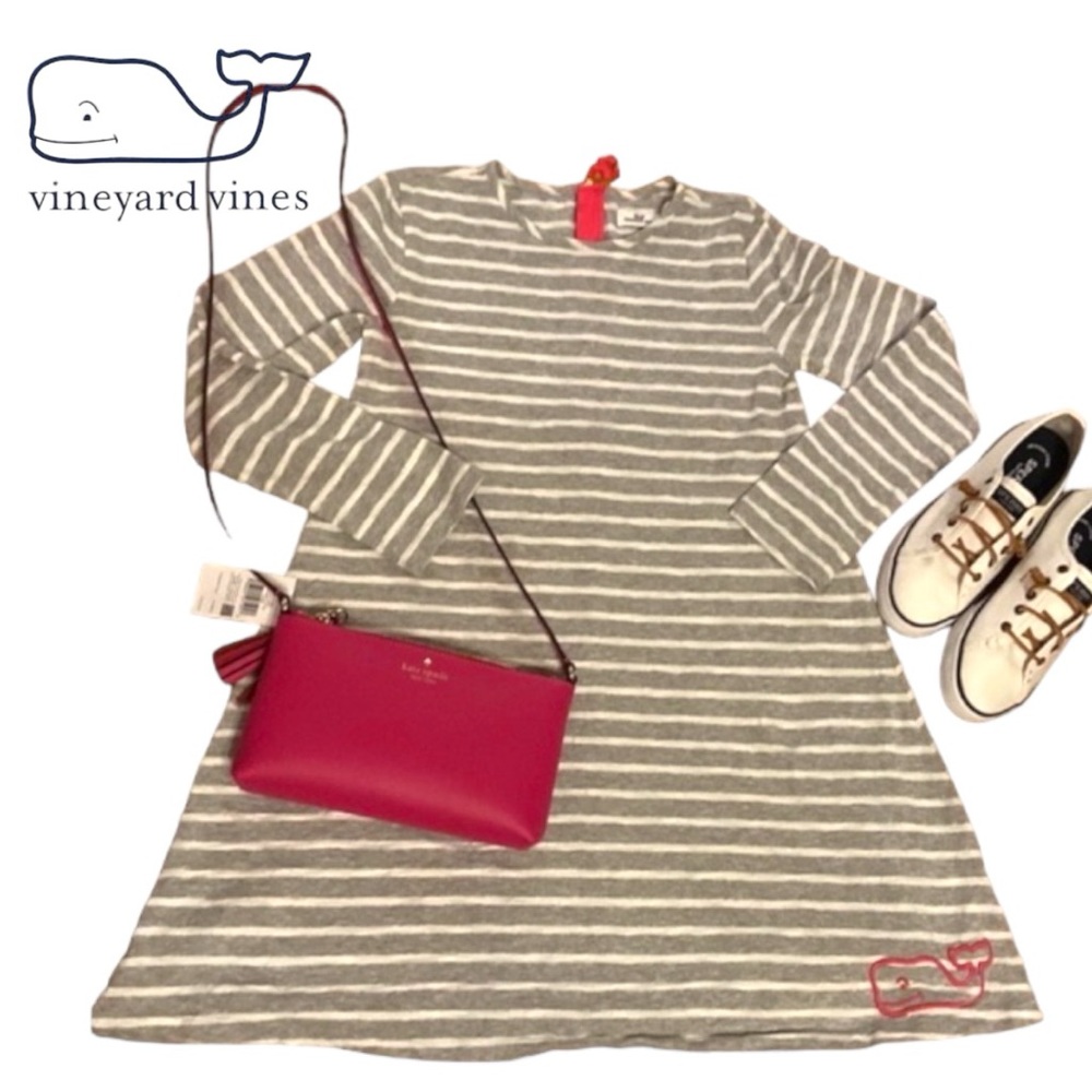 EUC Vineyard Vines Striped Gray Dress w Pink Whale & Back pink zipper